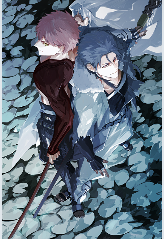 2boys, black_gloves, blue_hair, cape, capelet, commentary, commentary_request, cu_chulainn_(caster)_(fate), cu_chulainn_(fate), duplicate, earrings, emiya_shirou, fate/grand_order, fate_(series), fingerless_gloves, from_above, fur-trimmed_hood, fur_trim, gloves, holding, holding_sword, holding_weapon, hood, hooded_capelet, igote, japanese_clothes, jewelry, long_hair, looking_at_viewer, male_focus, multiple_boys, orange_hair, pixel-perfect_duplicate, red_eyes, red_hair, sei_8220, senji_muramasa_(fate), short_hair, smile, spiked_hair, staff, sword, weapon, yellow_eyes