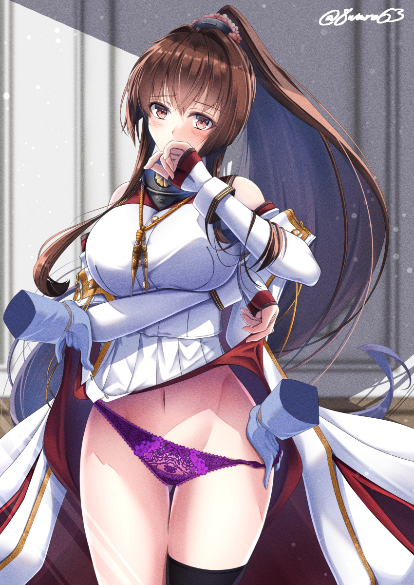 1girl, black_thighhighs, brown_eyes, brown_hair, coat, commission, cowboy_shot, flower