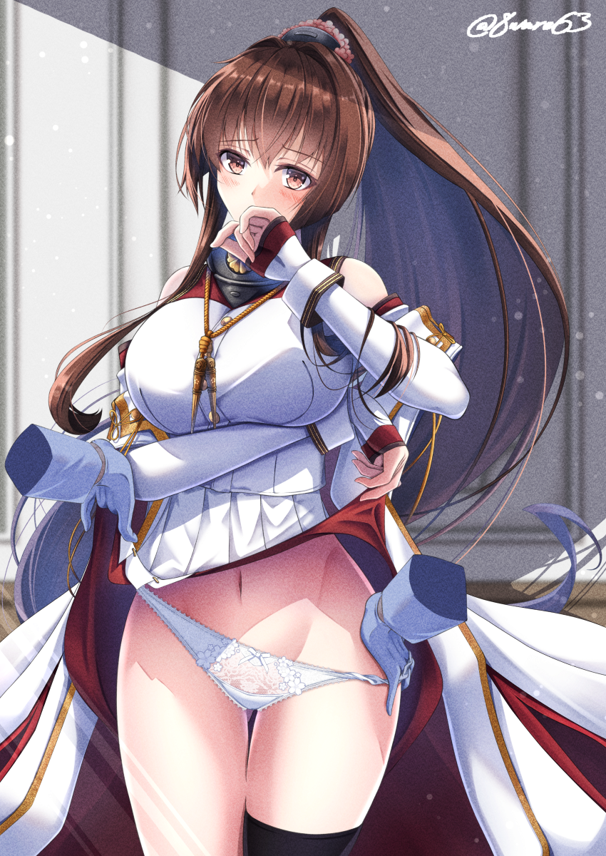1girl, black_thighhighs, brown_eyes, brown_hair, coat, commission, cowboy_shot, flower