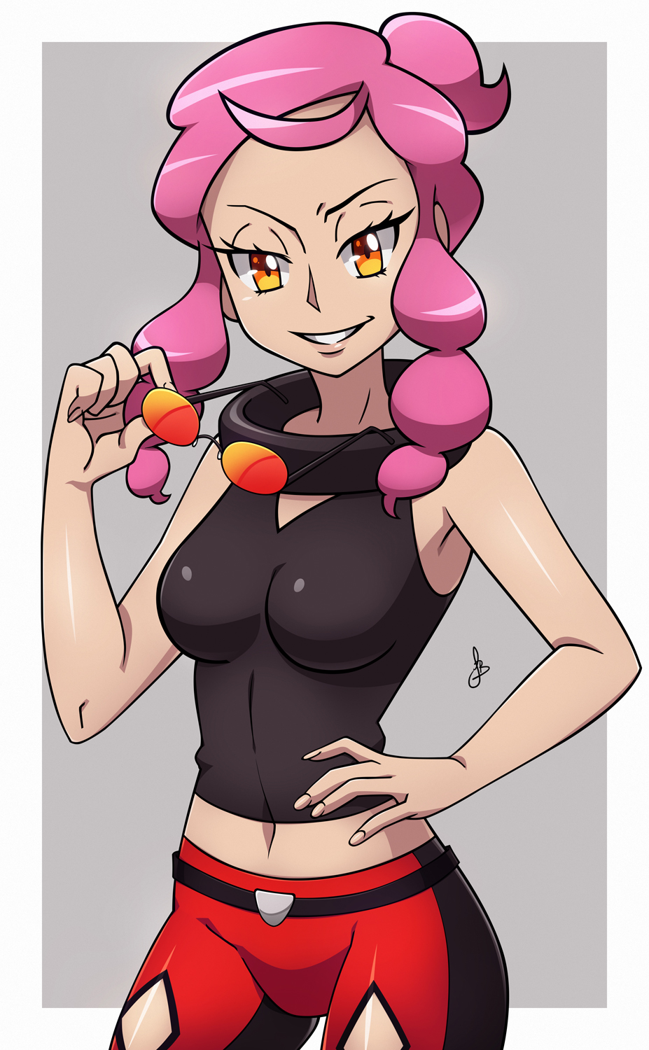 1girl, armpits, artist_name, bare_shoulders, black_shirt, border, braid, breasts