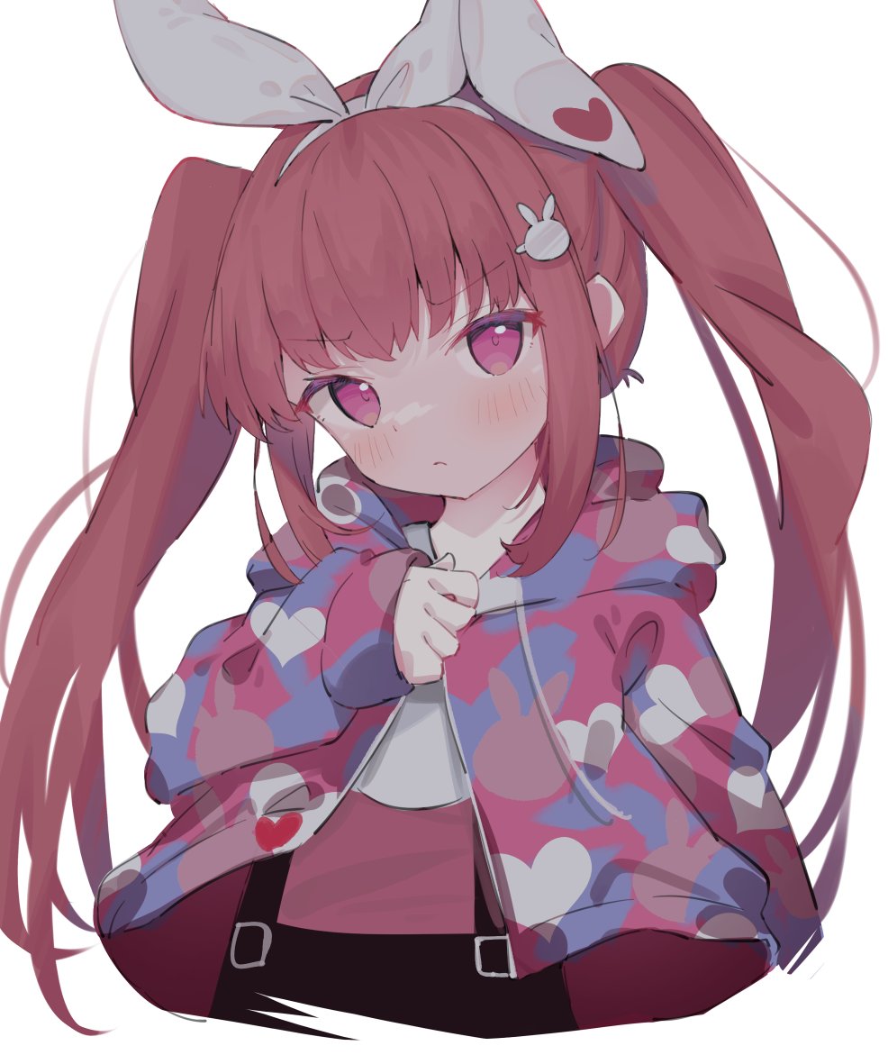 1girl, animal_ears, blush, bow, closed_mouth, denonbu, eip_(pepai), hair_bow, hair_ornament, jacket, long_hair, long_sleeves, orange_hair, pink_eyes, rabbit_ears, sakurano_mimito, shirt, simple_background, skirt, solo, twintails, white_shirt