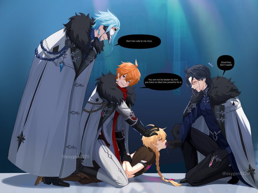 4boys, absurdres, aether_(genshin_impact), ahoge, biting, black_gloves, black_hair, blonde_hair, blue_bodysuit, blue_eyes, blue_hair, bodysuit, braid, brown_shirt, dottore_(genshin_impact), english_text, biting_finger, fur, genshin_impact, gloves, grey_jacket, grey_pants, hair_between_eyes, highres, jacket, jewelry, long_hair, long_sleeves, male_focus, mask, multiple_boys, orange_hair, oxygen_(0220), pantalone_(genshin_impact), pants, shirt, short_hair, single_braid, smile, speech_bubble, tartaglia_(genshin_impact), yaoi, yellow_eyes