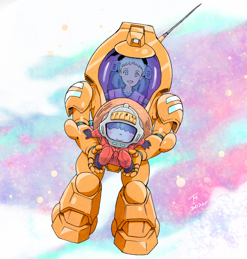 1980s_(style), 1boy, 1girl, 2022, armor, ashida_toyoo_(style), astronaut, boots, carrying, dated, gimmy_eril, ginga_hyouryuu_vifam, gloves, hat, helmet, highres, katue_piason, kujira_gunsou, light, looking_at_viewer, marker_(medium), mecha, nebula, official_style, oldschool, painting_(medium), power_armor, radio_antenna, retro_artstyle, robot, scan, science_fiction, signature, space, spacesuit, star_(symbol), star_symbol_background, straw_hat, traditional_media, watercolor_(medium), zero_gravity