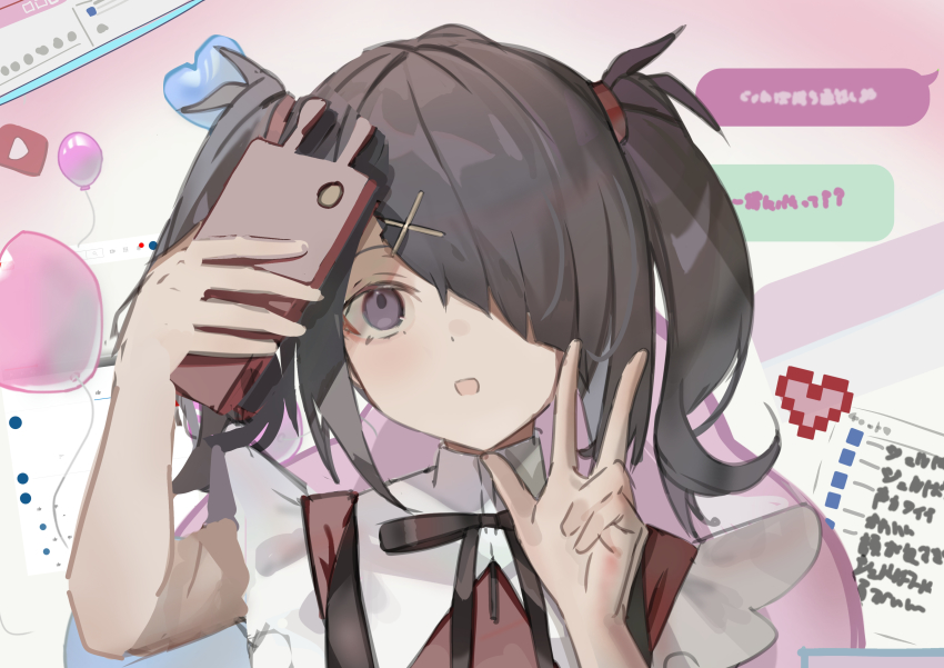 1girl, absurdres, ame-chan_(needy_girl_overdose), black_hair, bow, cellphone, hair_ornament, hair_over_one_eye