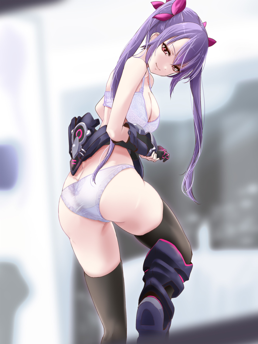 1girl, absurdres, ass, assault_lily, bare_shoulders, black_boots, black_gloves, black_thighhighs