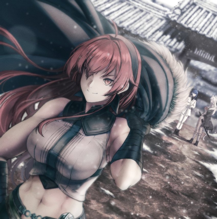 ahoge, animal_ears, bare_shoulders, belt, black_hairband, breasts, crossed_bangs, eris_greyrat, ghislaine_dedoldia, gloves, hair_between_eyes, hairband, junu_(jwoo5627), large_breasts, long_hair, midriff, muscular, mushoku_tensei, navel, nina_farion, pants, red_eyes, red_hair, shirt, shoes, shorts, smile, solo_focus, sword, tail, thick_eyebrows, upper_body, weapon, white_hair