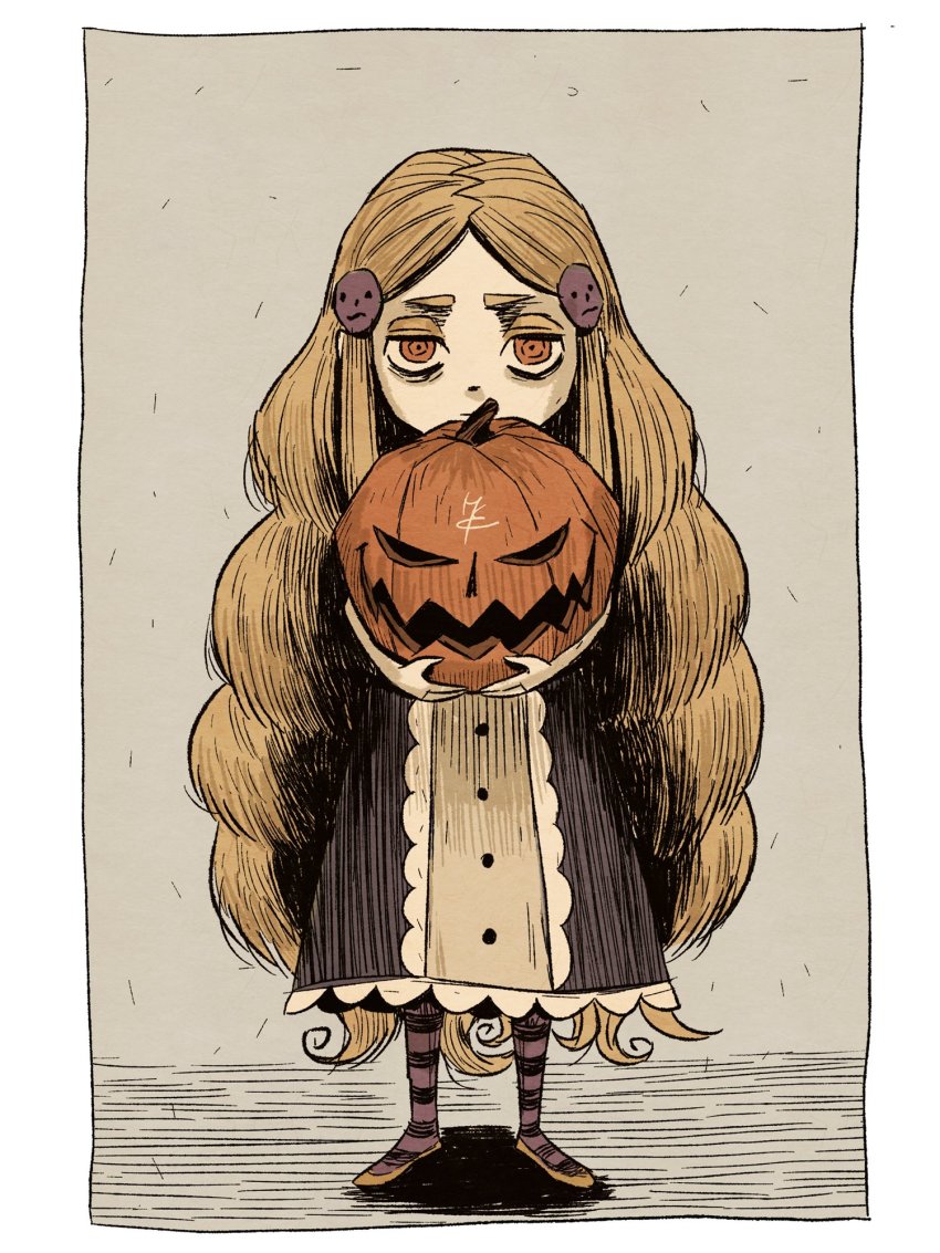 1girl, blonde_hair, border, dress, frilled_dress, frills, full_body, hackto