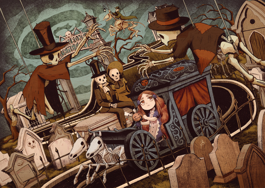 1girl, bonnet, brown_hair, carriage, dress, dutch_angle, fence, frilled_dress