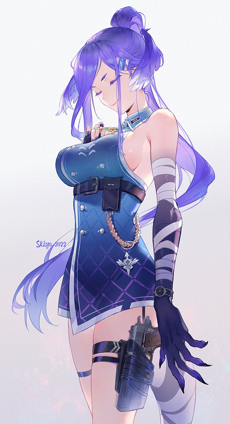 1girl, bandaged_arm, bandages, black_gloves, blue_dress, breasts, claws, closed_eyes