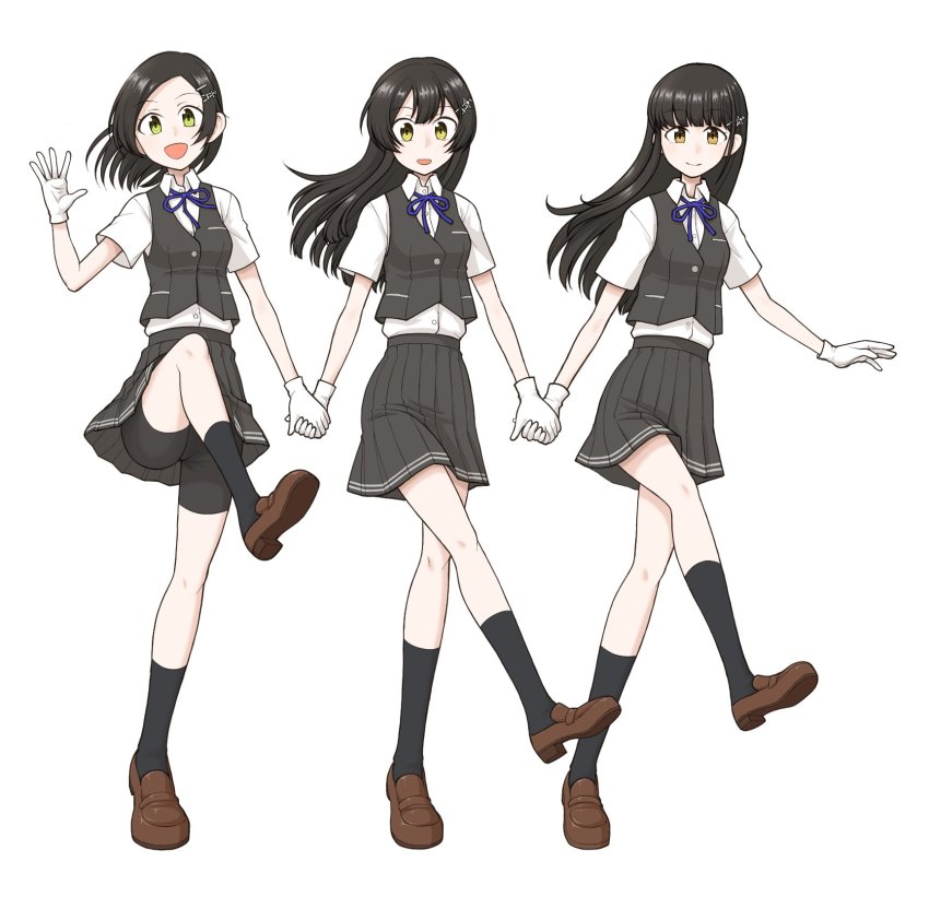 3girls, bike_shorts, black_hair, black_ribbon, black_shorts, black_skirt, black_socks, black_vest