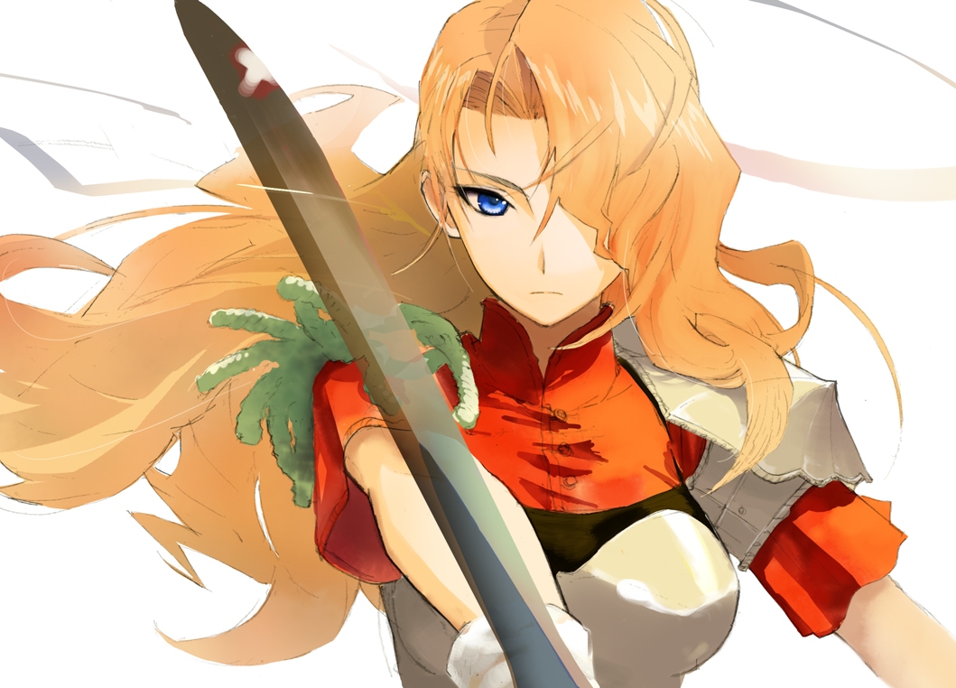 1girl, armor, blonde_hair, blue_eyes, breasts, female_focus, gensou_suikoden, gensou_suikoden_i