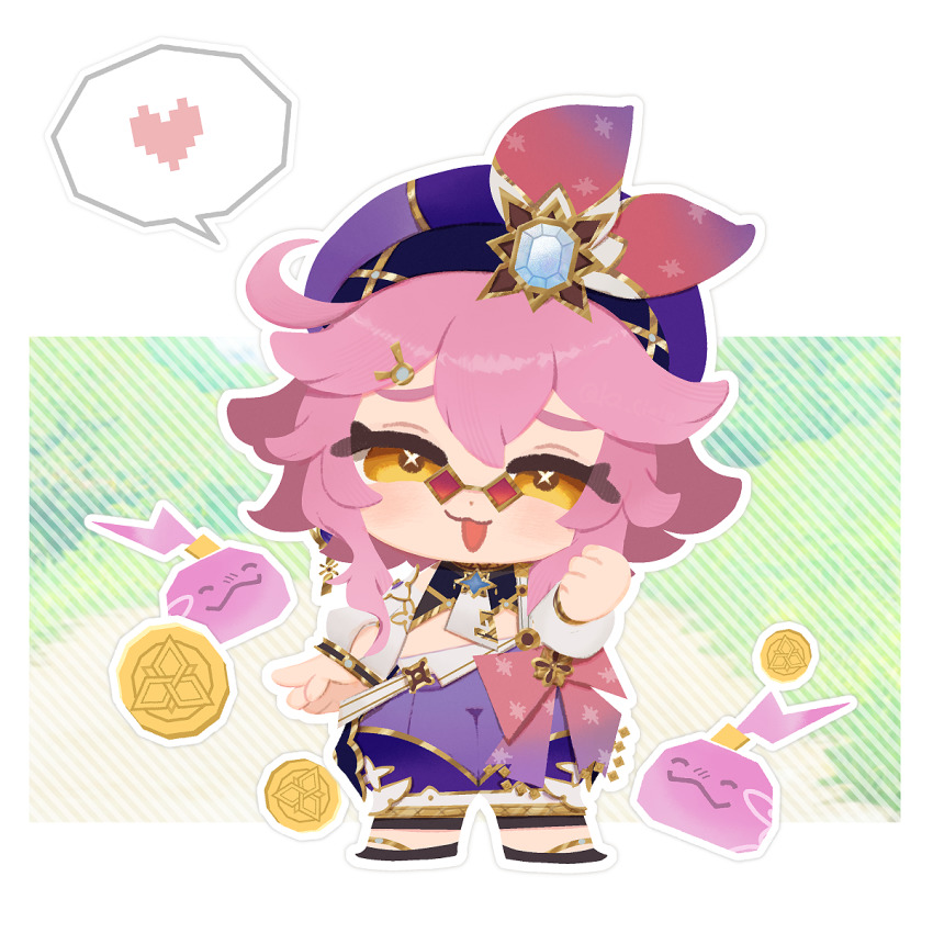 1girl, :d, beret, black_shirt, blue_hat, blue_pants, brown-framed_eyewear, brown_eyes, chibi, coin, commentary_request, crop_top, dori_(genshin_impact), eyebrows_hidden_by_hair, genshin_impact, glasses, hat, heart, highres, jinni_(genshin_impact), kiduta_cielo, long_sleeves, looking_at_viewer, open_mouth, pants, pince-nez, pixelated, puffy_long_sleeves, puffy_pants, puffy_sleeves, red-tinted_eyewear, shirt, smile, solo, spoken_heart, thick_eyebrows, tinted_eyewear, white_sleeves