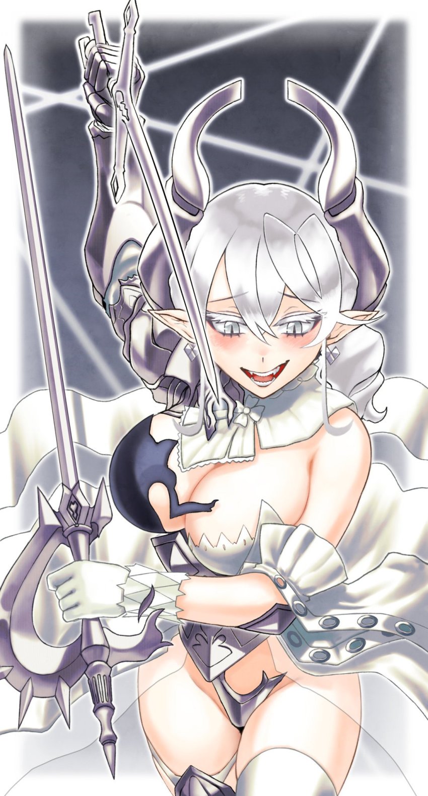 1girl, armor, blush, breasts, cleavage, colored_eyelashes, demon_girl, demon_horns, dual_wielding, earrings, fangs, highres, holding, horns, jewelry, lady_labrynth_of_the_silver_castle, large_breasts, lovely_labrynth_of_the_silver_castle, pointy_ears, sword, tagme, thighs, weapon, white_eyes, white_hair, yu-gi-oh!, zidai_okuraven, zidaiokuraven