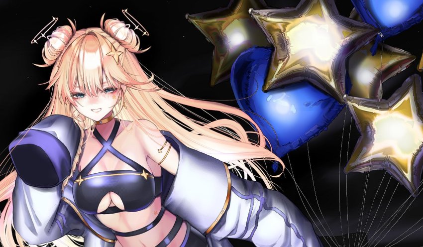 armlet, balloon, bare_shoulders, blonde_hair, blue_eyes, blush, breasts, choker, cleavage, cleavage_cutout, clothing_cutout, collarbone, criss-cross_halter, double_bun, earrings, hair_between_eyes, hair_bun, hair_ornament, halterneck, heart_balloon, jacket, jewelry, kaneko_lumi, kaneko_lumi_(1st_costume), long_hair, long_sleeves, narrowed_eyes, navel, phase_connect, piz_doll, second-party_source, sleeves_past_wrists, star_(symbol), star_balloon, star_hair_ornament, stomach, very_long_hair, very_long_sleeves, virtual_youtuber, white_jacket