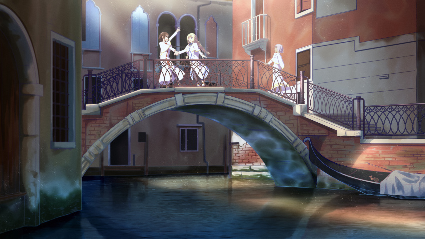 3girls, :d, absurdres, akira_ferrari, alicia_florence, arch_bridge, aria_(manga), aria_company_uniform, arm_up, athena_glory, banjie, blonde_hair, blue_eyes, braid, braided_ponytail, bridge, brown_eyes, brown_hair, capelet, day, dress, floating_hair, grey_hair, highres, himeya_company_uniform, holding_hands, long_dress, long_hair, long_sleeves, multiple_girls, open_mouth, orange_planet_uniform, outdoors, ponytail, river, short_hair, smile, socks, very_long_hair, waving, white_capelet, white_dress, white_socks