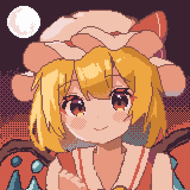 1girl, blonde_hair, closed_mouth, collarbone, crystal, flandre_scarlet, full_moon, hat, hat_ribbon, mob_cap, moon, nene_man, pixel_art, red_eyes, red_ribbon, ribbon, short_hair, smile, solo, touhou, upper_body, white_hat, wings