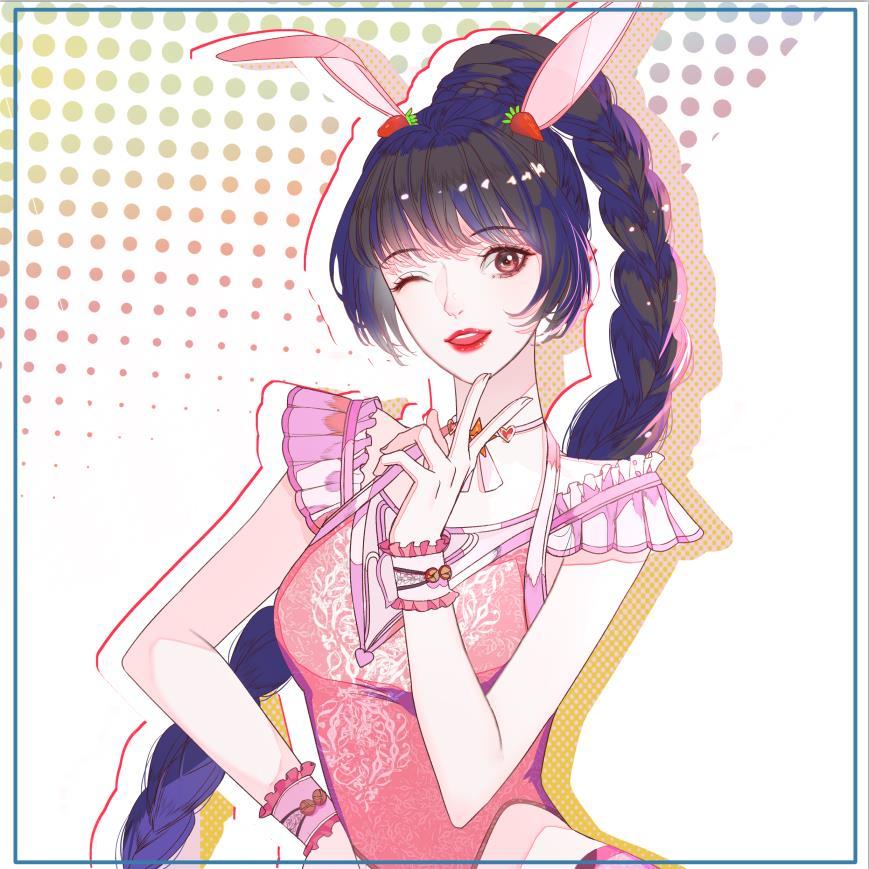 1girl, animal_ears, black_hair, braid, braided_ponytail, brown_hair, choker, douluo_dalu, dress, hair_ornament, hand_on_own_hip, one_eye_closed, open_mouth, pink_dress, rabbit_ears, short_sleeves, solo, teeth, upper_body, upper_teeth_only, v, xiao_wu_(douluo_dalu), yi_jian