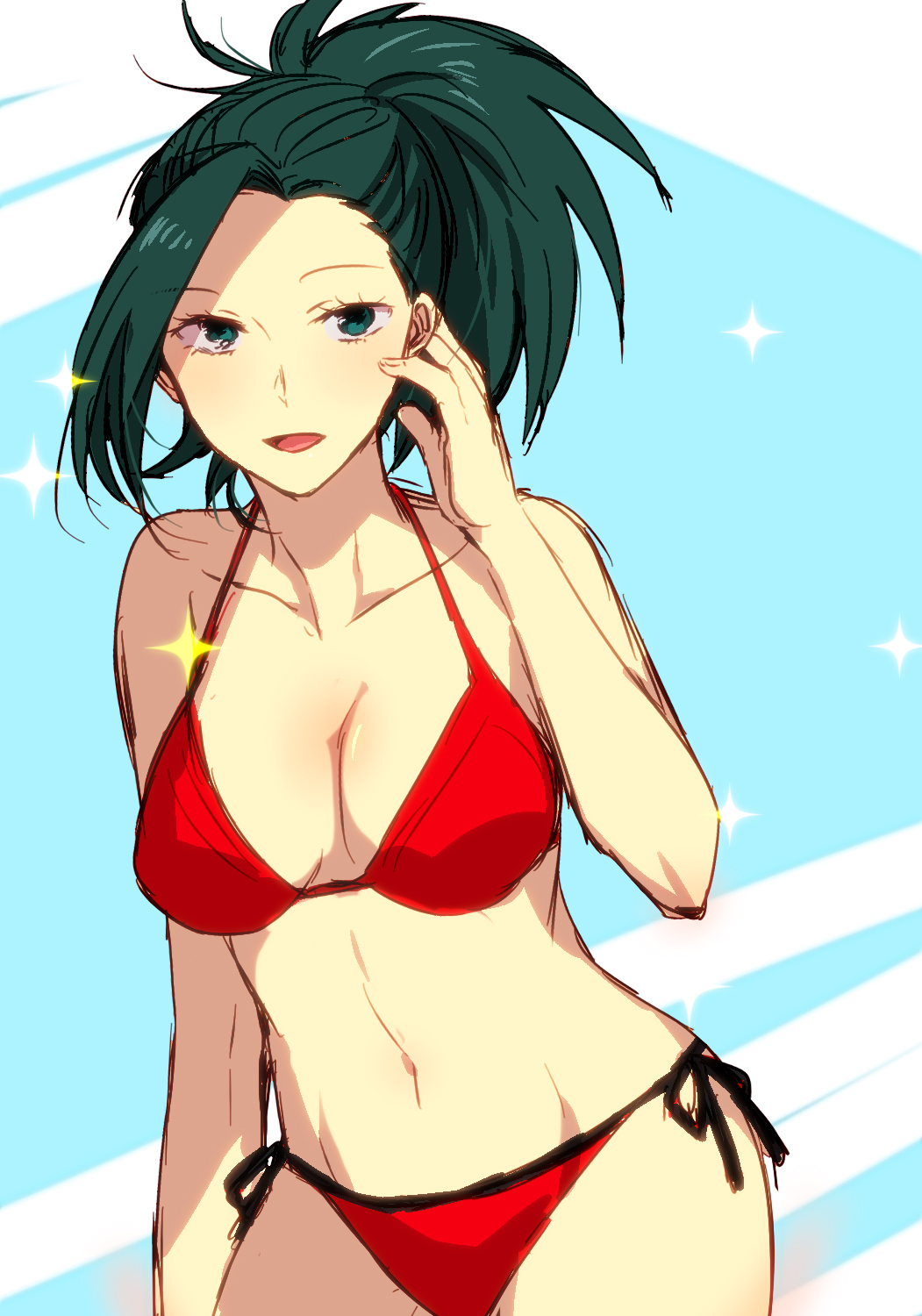 1girl, :d, arm_at_side, bikini, black_eyes, black_hair, blue_background, boku_no_hero_academia
