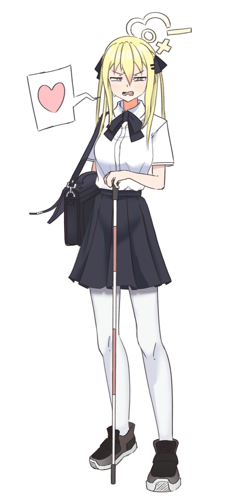 1girl, absurdres, bag, black_ribbon, black_shoes, blind, blonde_hair, blue_eyes