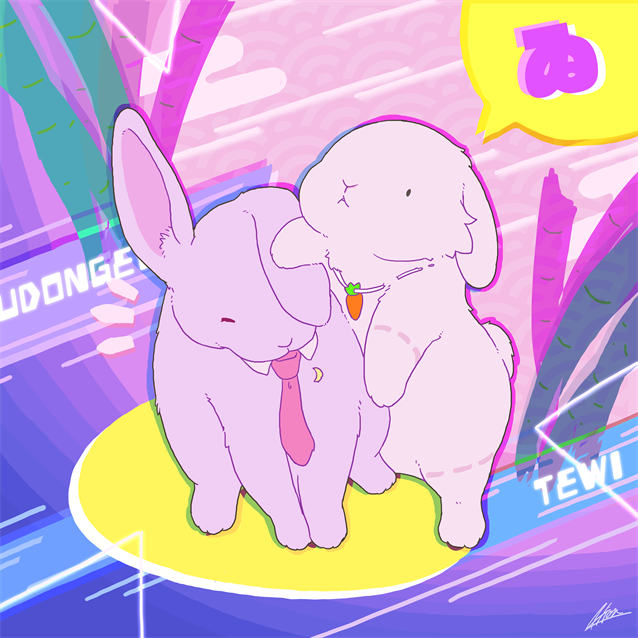 akion_(chibaibaraki), animal, animalization, carrot_necklace, character_name, closed_eyes, closed_mouth, full_body, inaba_tewi, inaba_tewi_(bunny), jewelry, necklace, necktie, pink_background, purple_background, rabbit, red_necktie, reisen_udongein_inaba, reisen_udongein_inaba_(bunny), solid_oval_eyes, speech_bubble, touhou