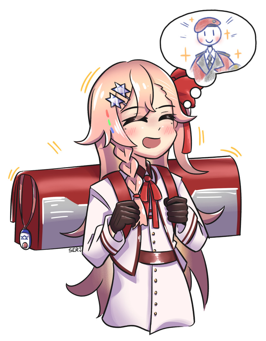 1girl, aged_down, artist_name, backpack, bag, blush, bow, braid