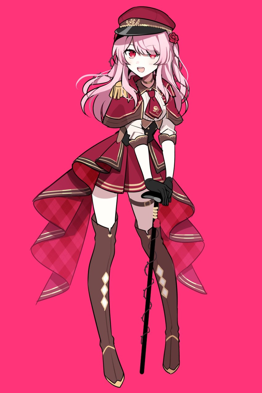 1girl, :d, argyle_clothes, argyle_footwear, black_corset, boots, brown_boots, cane