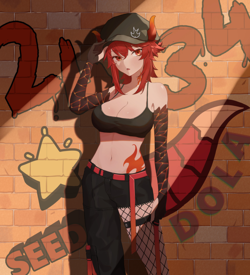 1girl, arm_at_side, asymmetrical_clothes, bare_shoulders, baseball_cap, belt, black_hat, black_pants