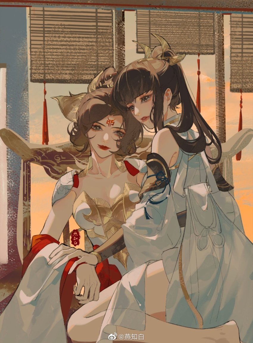 2girls, bare_legs, barefoot, brown_hair, facial_mark, forehead_mark, full_body, hair_ornament