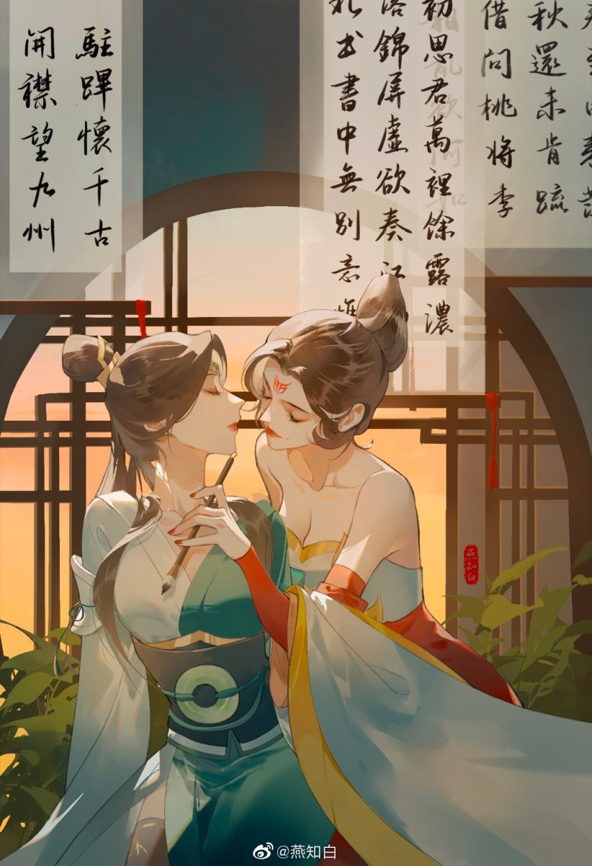 2girls, banner, bare_shoulders, brown_hair, closed_eyes, closed_mouth, dress, hair_bun, hair_ornament, highres, holding, holding_brush, long_hair, long_sleeves, multiple_girls, round_window, sash, scroll, shanguang_wan'er_(wangzhe_rongyao), thighhighs, two-tone_dress, upper_body, wangzhe_rongyao, window, wu_zetian, wu_zetian_(wangzhe_rongyao), yanzhi_bai