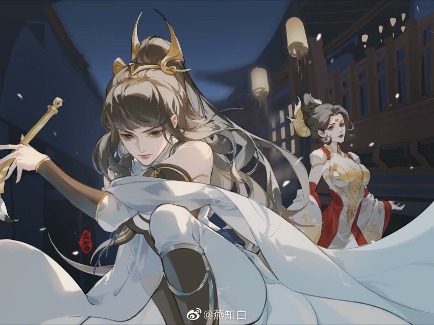 2girls, breasts, brown_hair, building, dark, detached_sleeves, facial_mark, forehead_mark, hair_bun, holding, holding_brush, landing, lantern, medium_breasts, multiple_girls, night, ponytail, serious, shanguang_wan'er_(wangzhe_rongyao), short_hair, upper_body, wangzhe_rongyao, wu_zetian_(wangzhe_rongyao), yanzhi_bai