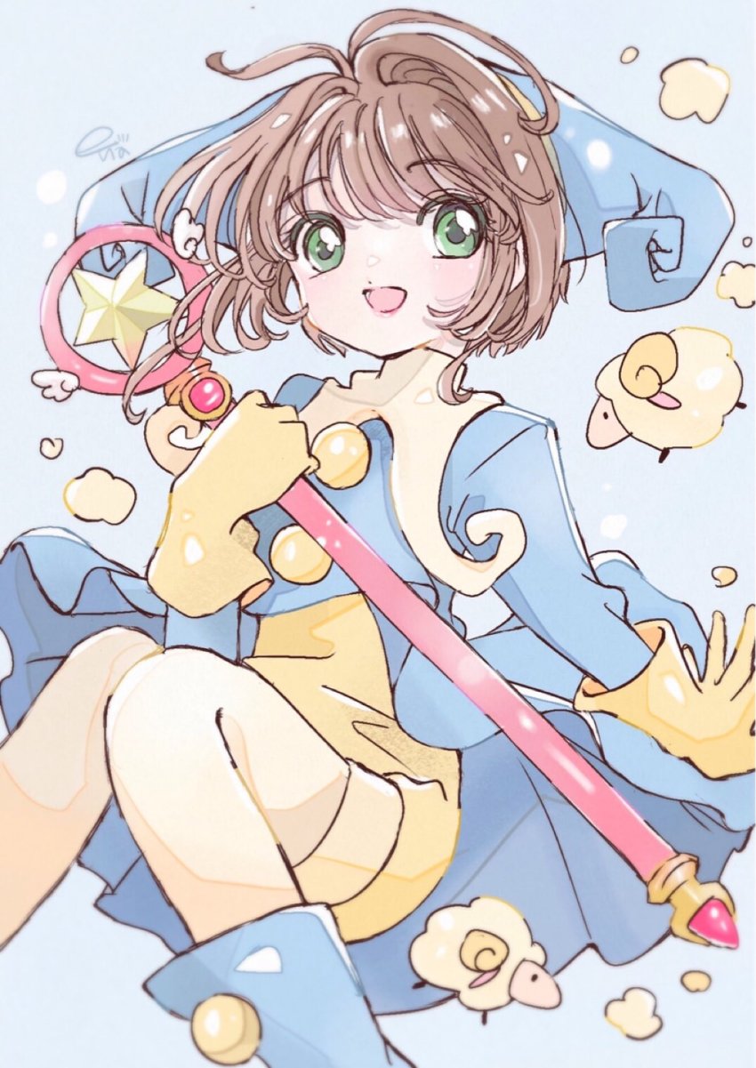 1girl, blue_footwear, blue_headwear, boots, brown_hair, cardcaptor_sakura, feet_out_of_frame, gloves