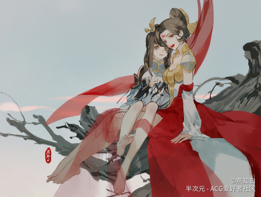 2girls, bare_legs, barefoot, branch, brown_eyes, brown_hair, child, detached_sleeves