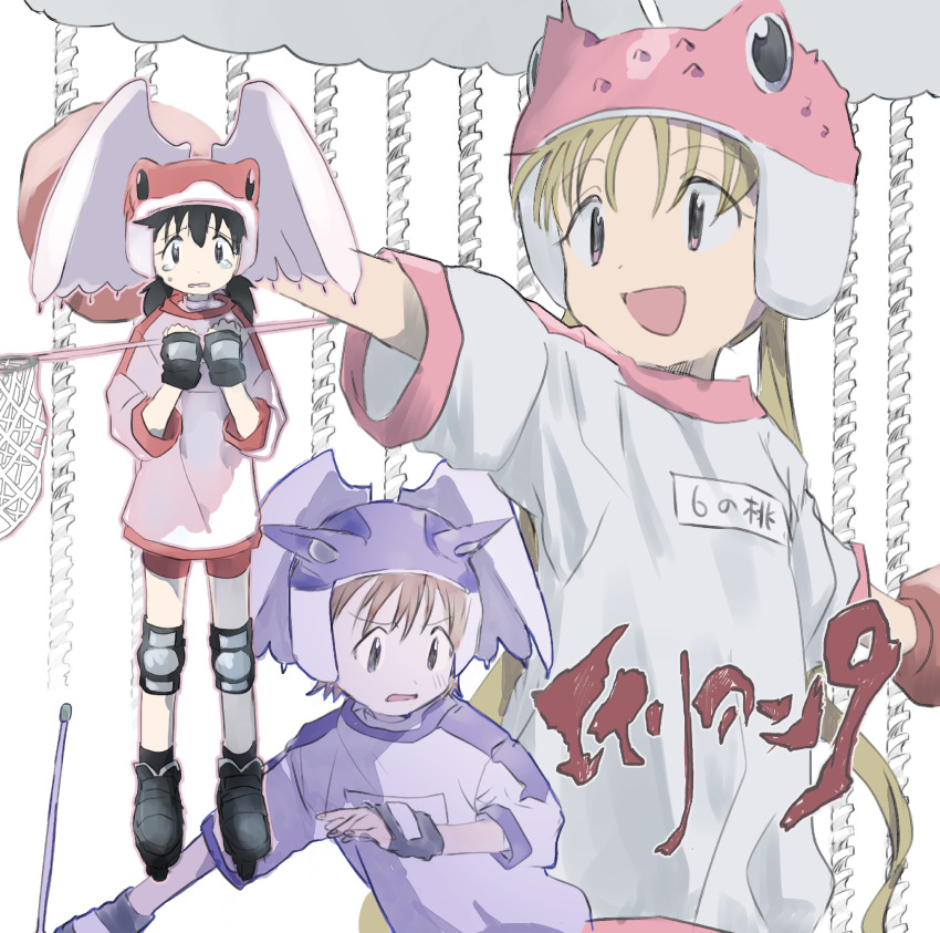 3girls, :d, alien_nine, bike_shorts, black_hair, blonde_hair, borg_(alien_nine), boxing_gloves