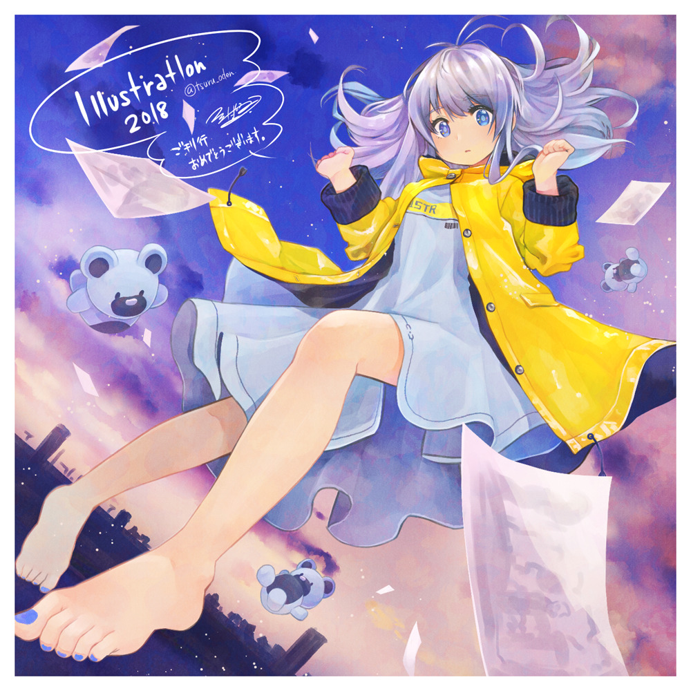 1girl, 2018, barefoot, blue_dress, blue_eyes, blue_nails, blue_sky, building