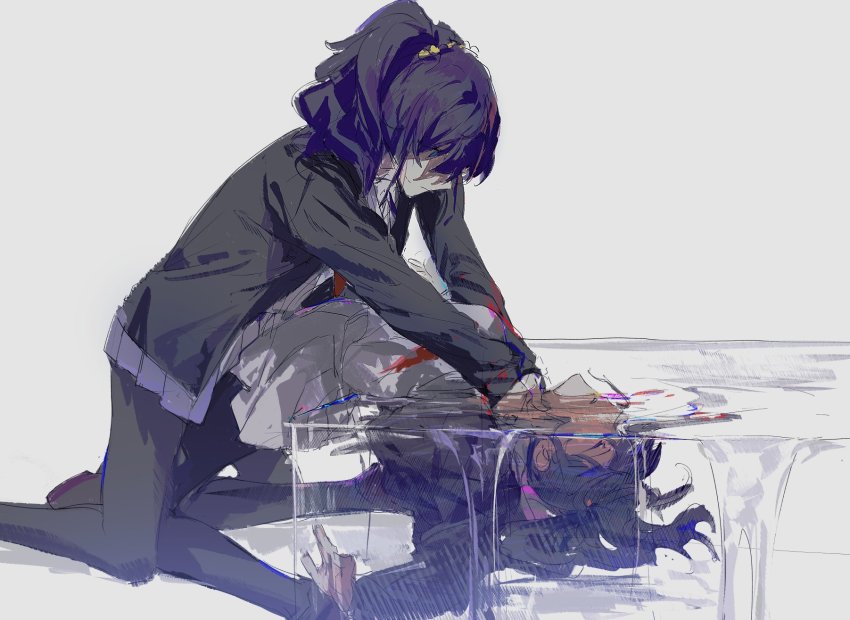 2girls, asahina_mafuyu, asphyxiation, black_jacket, black_pantyhose, blue_eyes, choke_hold, clenched_teeth, closed_mouth, commentary, drowning, dual_persona, floating_hair, grey_background, highres, jacket, kneeling, long_hair, looking_at_another, multiple_girls, nashinashi, on_ground, pantyhose, parted_lips, ponytail, project_sekai, purple_hair, simple_background, strangling, teeth, transparent, water, wavy_hair