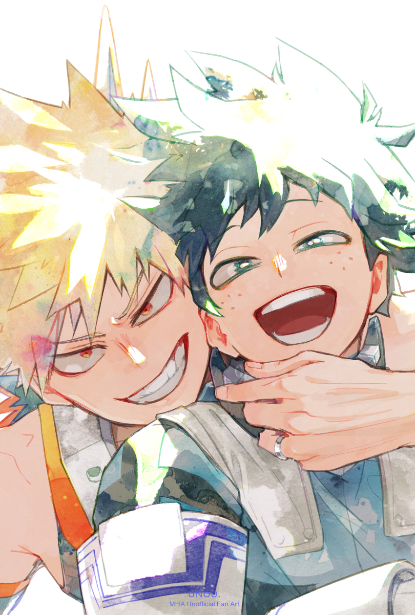 2boys, :d, bakugou_katsuki, bare_shoulders, bodysuit, boku_no_hero_academia, freckles, green_bodysuit