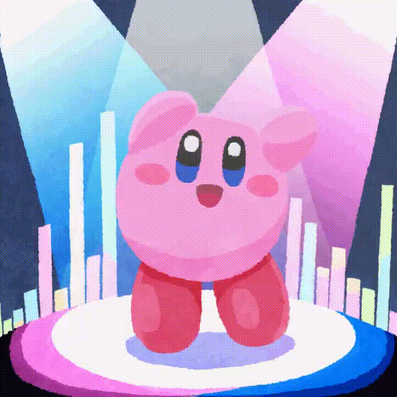 animated, animated_gif, blush, creature, dancing, happy, kirby, kirby_(series), kirby_30th_anniversary_music_festival, light_rays, looking_at_viewer, miclot, nintendo, no_fingers, no_humans, open_mouth, shadow, solo, sparkle, sparkling_eyes, spotlight, stage, stage_lights, tongue
