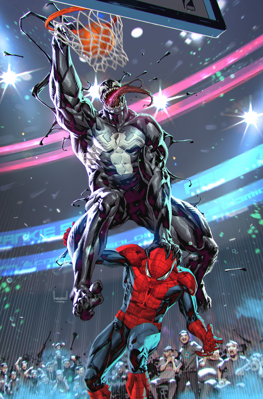 6+boys, :o, ball, basketball, basketball_(object), bodysuit, comic_cover, commentary, textless_cover_page, english_commentary, grey_headwear, grey_shirt, hand_on_another's_head, highres, kael_ngu, male_focus, marvel, mask, meme, motion_blur, multiple_boys, official_art, red_bodysuit, shirt, slam_dunk_(basketball), spider-man, spider-man_(original_suit), spider-man_(series), superhero_costume, symbiote, tongue, tongue_out, venom_(marvel), venom_dunking_on_spider-man_(meme)