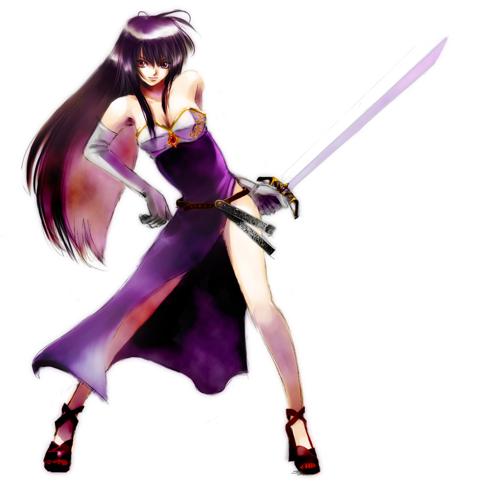 1girl, ayra_(fire_emblem), bare_shoulders, belt, cross-empire, elbow_gloves, female_focus, fire_emblem, fire_emblem:_genealogy_of_the_holy_war, full_body, gloves, long_hair, nintendo, purple_hair, red_eyes, simple_background, solo, sword, weapon, white_background
