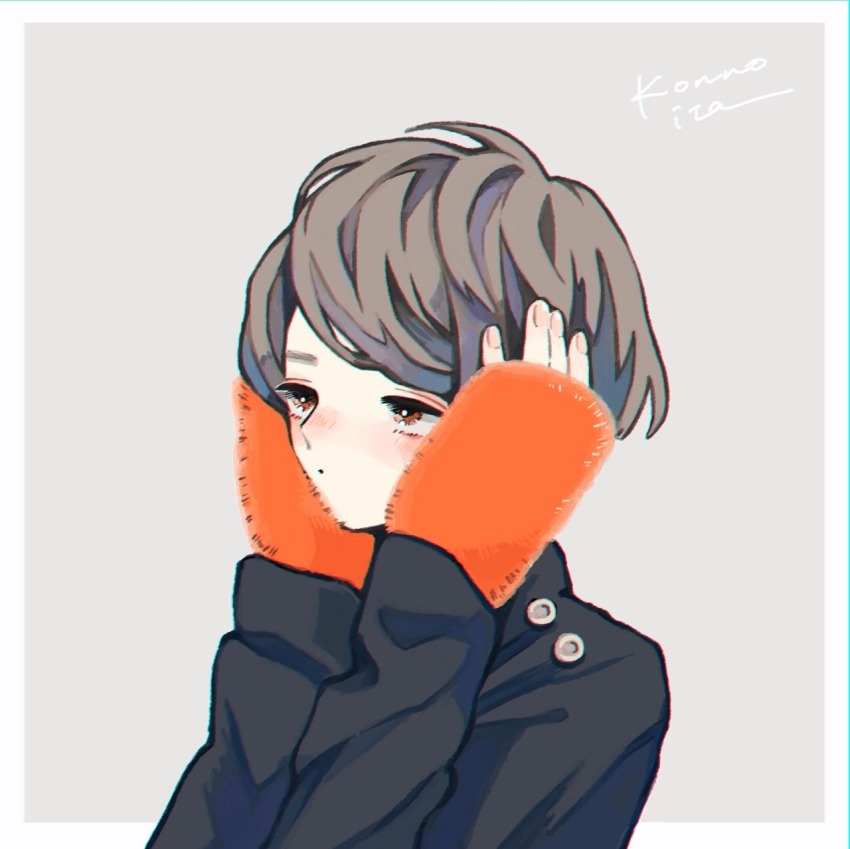 1girl, artist_name, black_jacket, border, brown_eyes, covering_own_ears, grey_background, grey_hair