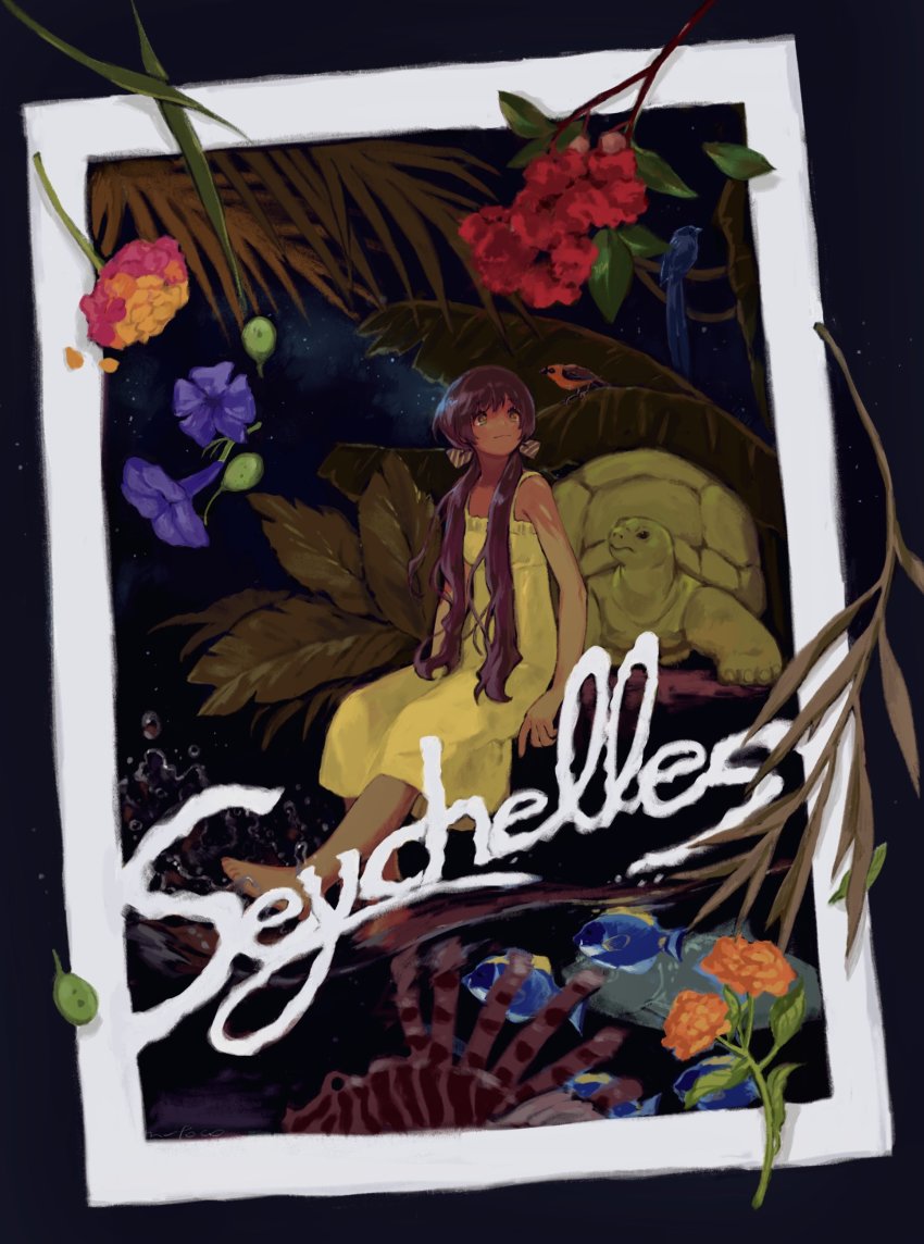 1girl, absurdres, alternate_costume, axis_powers_hetalia, barefoot, bird, blue_bird, blue_flower