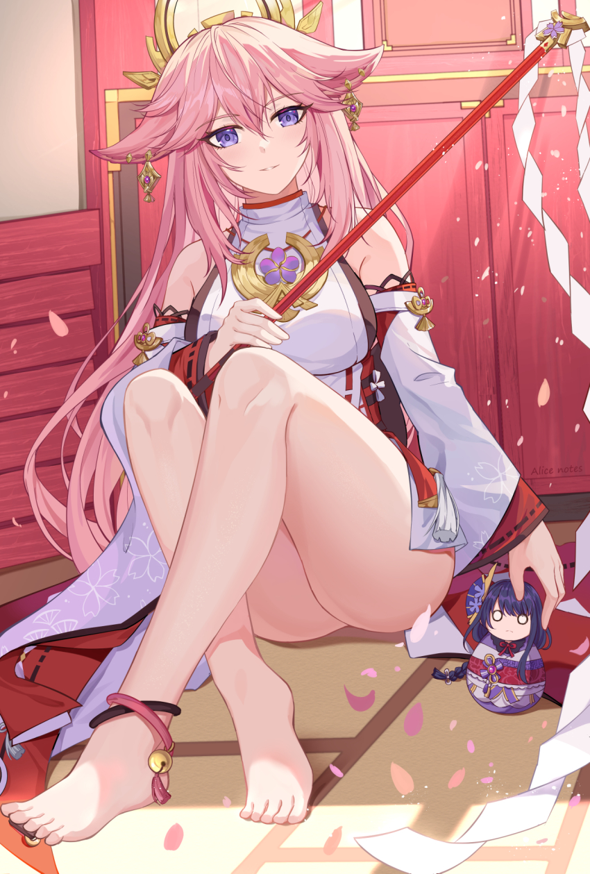 1girl, animal_ears, architecture, barefoot, breasts, cherry_blossoms, commentary, detached_sleeves