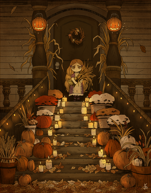 1girl, autumn, autumn_leaves, candle, door, dress, facing_viewer, fire