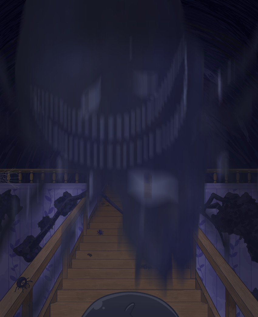 1boy, absurdres, black_hair, bug, highres, indoors, motion_blur, night, omori, railing, scene_reference, short_hair, silk, something_(omori), something_in_the_walls_(omori), spider, spider_web, spoilers, stairs, sunny_(omori), wafu_(wafu39080)