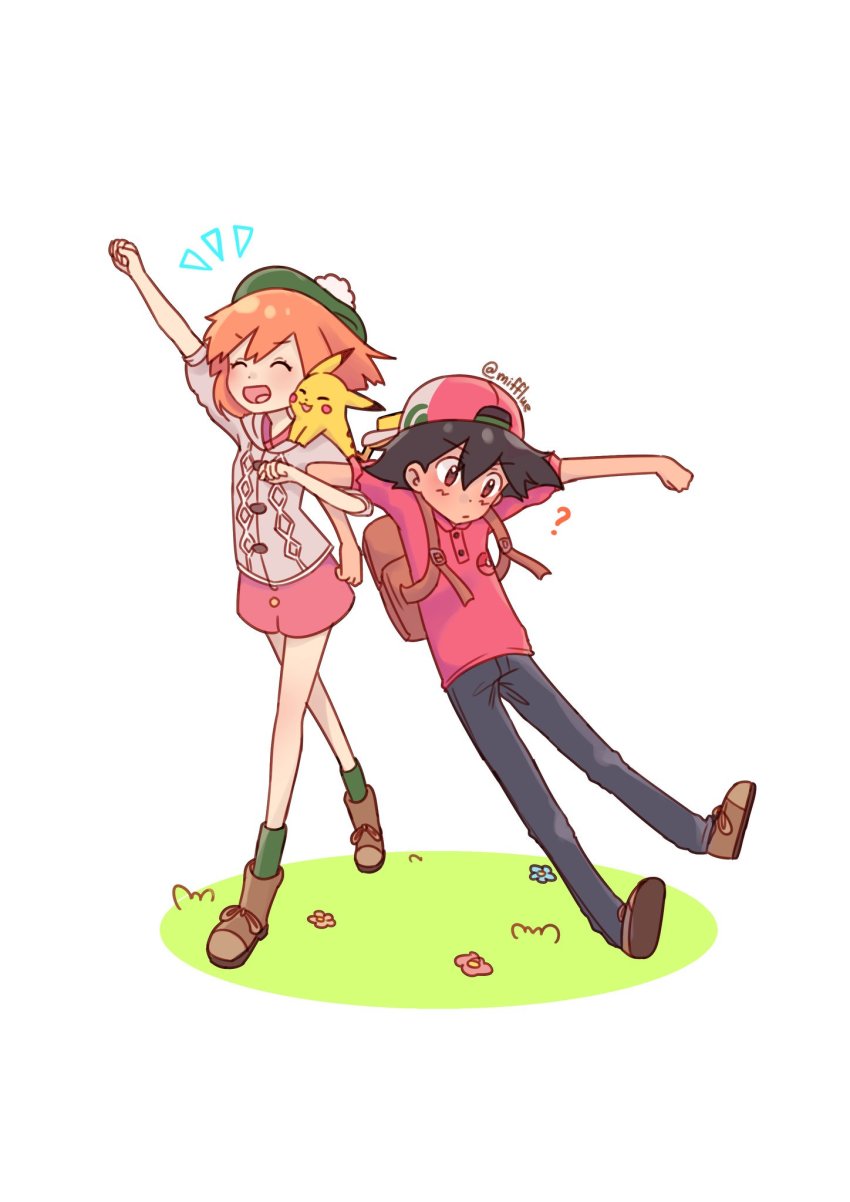 1boy, 1girl, ash_ketchum, asymmetrical_hair, bare_legs, black_hair, blush, boots