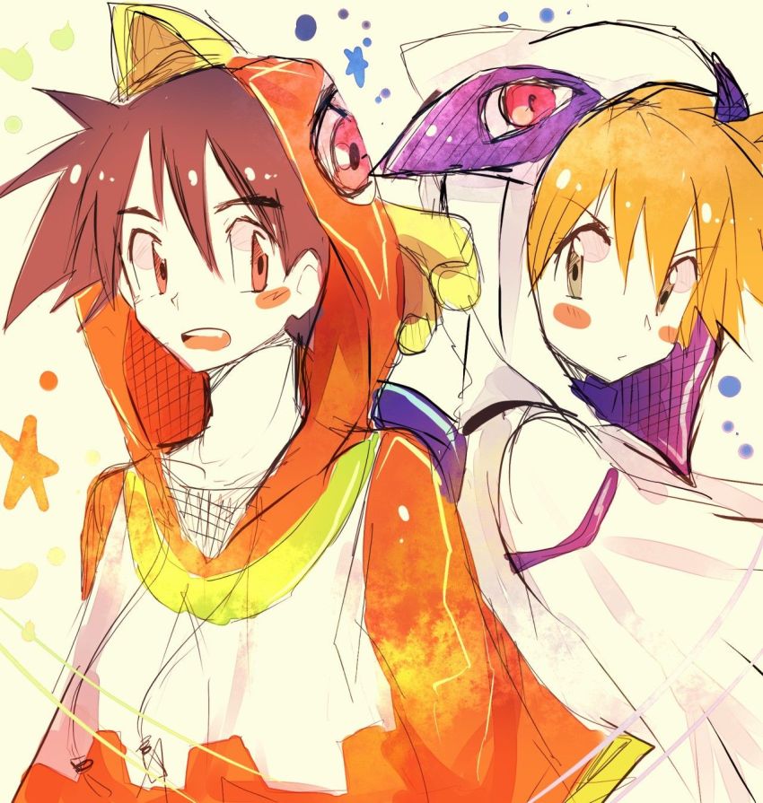 1boy, 1girl, ash_ketchum, black_hair, blue_shirt, blush, brown_eyes, cosplay, gen_1_pokemon, gen_2_pokemon, green_eyes, hair_between_eyes, highres, ho-oh, ho-oh_(cosplay), kash-phia, legendary_pokemon, lugia, lugia_(cosplay), misty_(pokemon), nintendo, open_mouth, orange_hair, pokemon, pokemon_(anime), pokemon_(classic_anime), shirt, short_hair, smile, t-shirt, upper_body