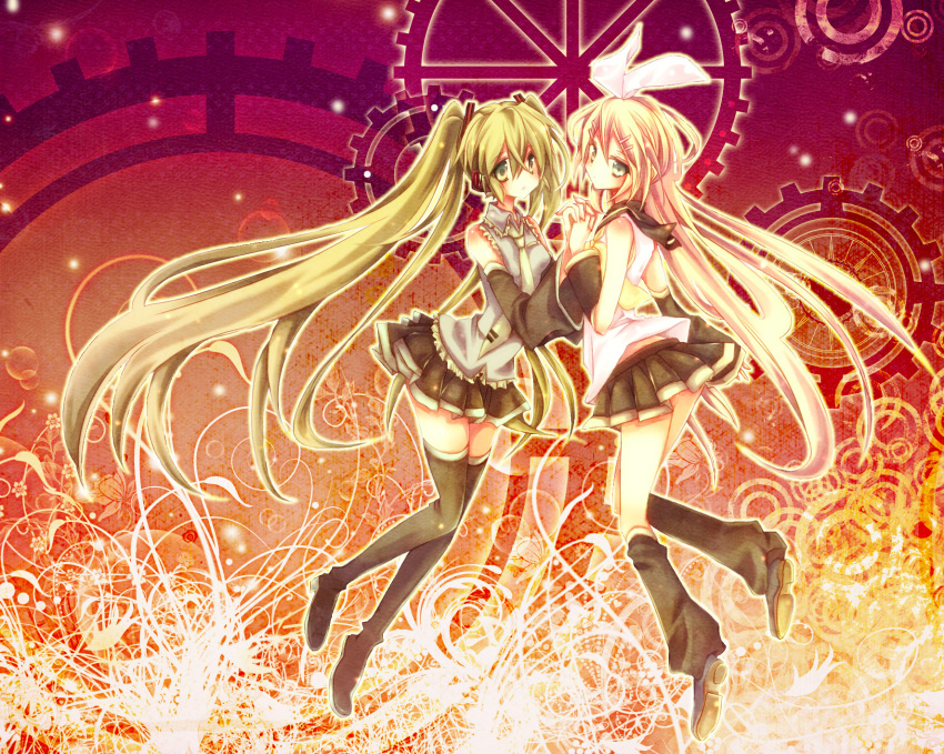 2girls, alternate_hairstyle, blonde_hair, detached_sleeves, flower, kagamine_rin_(future_style), gears, green_eyes