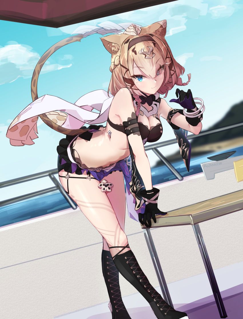 1girl, absurdres, animal_ear_fluff, animal_ears, arm_support, bangle, bare_shoulders, bent_over