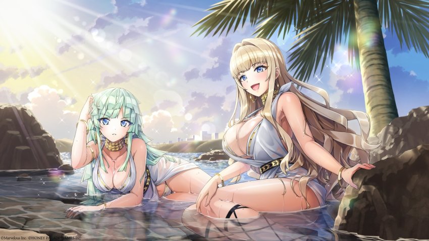 2girls, :d, bikini, blonde_hair, blue_eyes, breasts, cleavage, dolphin_wave