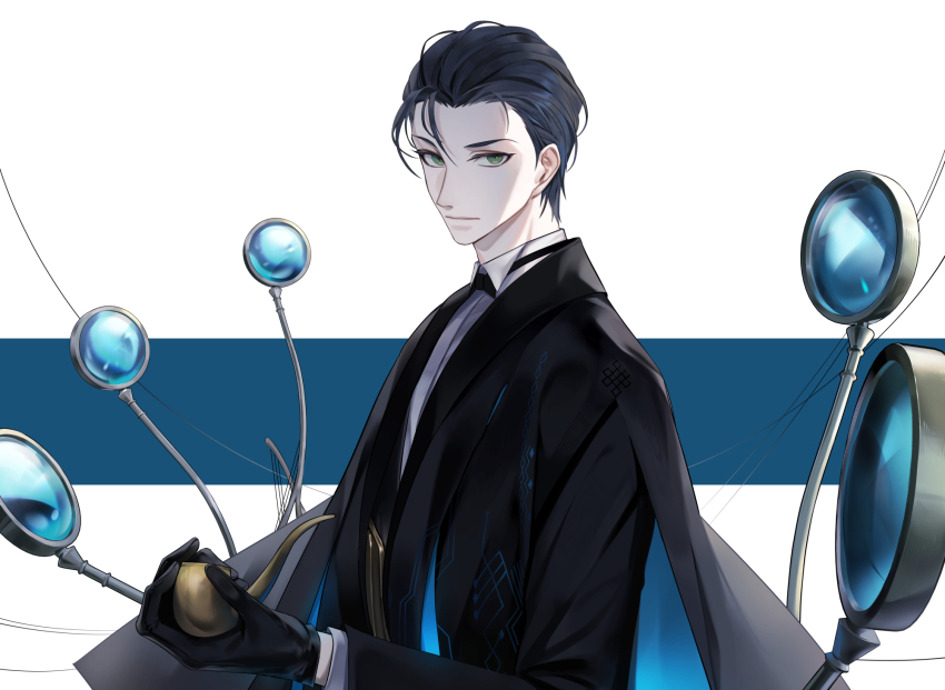1boy, black_bow, black_bowtie, black_gloves, black_hair, black_jacket, blue_background, bow